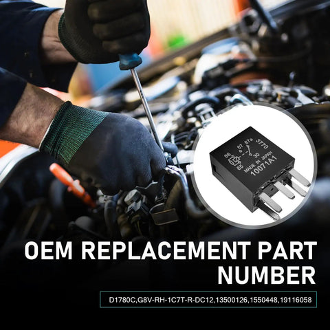 Heavy Duty 12V 5 Pin 30A Automotive Fuel Pump Relay Two Piece Set is being installed by a mechanic with gloves.