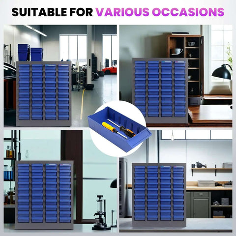 40 Drawer Parts Cabinet With ABS Drawers And Dividers in various settings, shown with flexible label system, garages, offices.