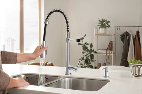 Precept Pull Down Kitchen Faucet With PowerInse Sprayer Chrome Finish 3 Function Spray in modern kitchen setting