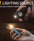 Hands holding Rechargeable 600 Lumen LED Flashlight With Magnetic COB Flat Light, showing two lighting modes for versatility.