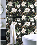 Bathroom with vintage floral peel and stick wallpaper black white and green removable repositionable textured matte finish