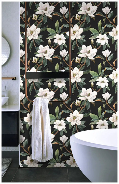 Bathroom with vintage floral peel and stick wallpaper black white and green removable repositionable textured matte finish