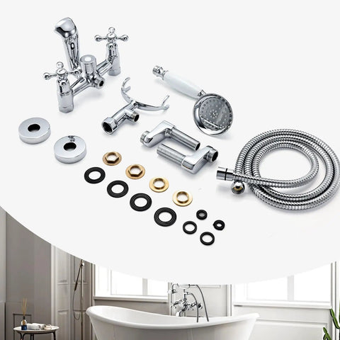 Retro Vibe Clawfoot Tub Faucet And Shower Kit, Chrome Wall Mount, Brass Double Cross Handles, Victorian Style