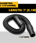 Extended Super Flexible Vacuum Hose 1-7/8 in x 7 ft with Locking Tab for Wet Dry Vacuums, coiled, showing dimensions
