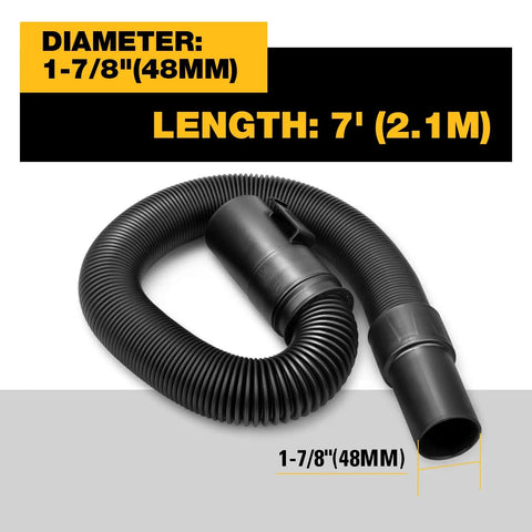 Extended Super Flexible Vacuum Hose 1-7/8 in x 7 ft with Locking Tab for Wet Dry Vacuums, coiled, showing dimensions