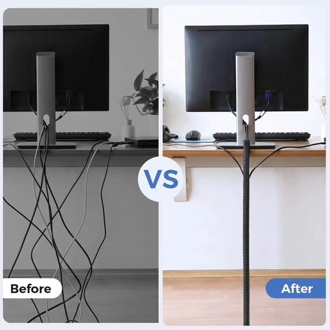 Cool Cable Sleeve Kit That Keeps Your Pets Off Wires And Saves You From Messy Cords On The Desk Or TV Stand With Easy Split Design For Super Simple Setup Today, before and after desk cable sleeve