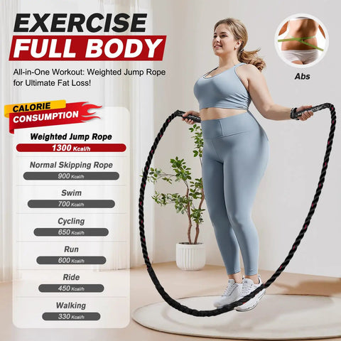 Woman using Heavy Weighted Jump Rope For Full Body Workout 9.2ft Length 2.8lb with fitness stats displayed