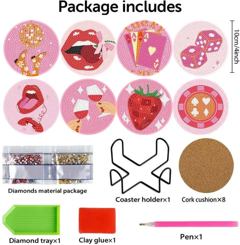 Pink Vintage Diamond Painting Coaster Kit 8 Pieces With Holder Dope Retro Funny Drinks Theme 5D DIY Full Drill Diamond Dot Art