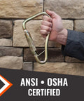 Heavy Duty Steel Locking Carabiner For Fall Protection Systems And Tower Hook Applications, OSHA ANSI compliant, held by hand