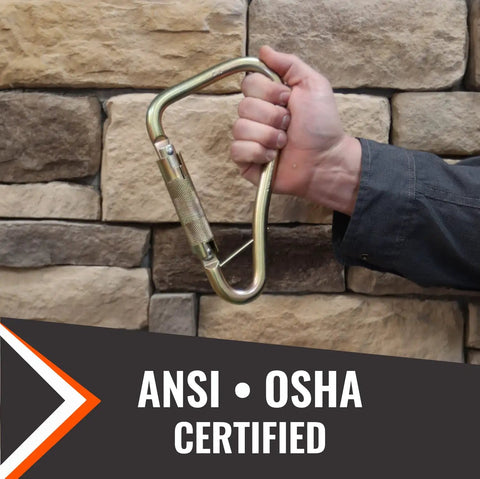 Heavy Duty Steel Locking Carabiner For Fall Protection Systems And Tower Hook Applications, OSHA ANSI compliant, held by hand