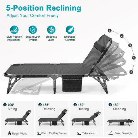 Heavy Duty Outdoor Tanning Chair With 5 Position Folding Chaise Lounge And Pad showing reclining angles and features
