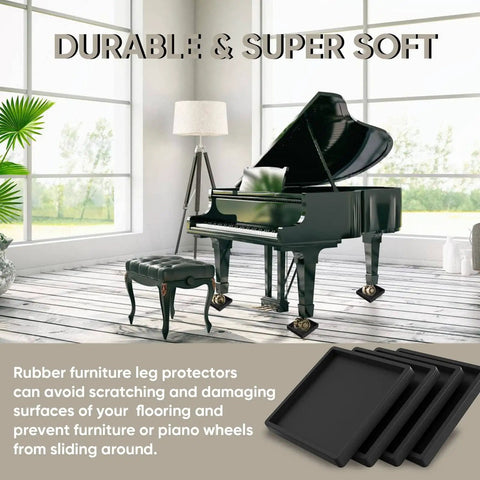 Non Slip Square Rubber Furniture Pads Three And A Half Inch Caster Cups Set Of Twelve For Hardwood Tile Laminate And Carpet Floor Protection Heavy Duty Anti Scratch Guards shown under a grand piano.