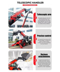 Heavy Duty Telescopic Forklift Handler With 7 To 18 Meter Intelligent Boom Extension and 4WD mobile telehandler showing telescopic arm and attachments.