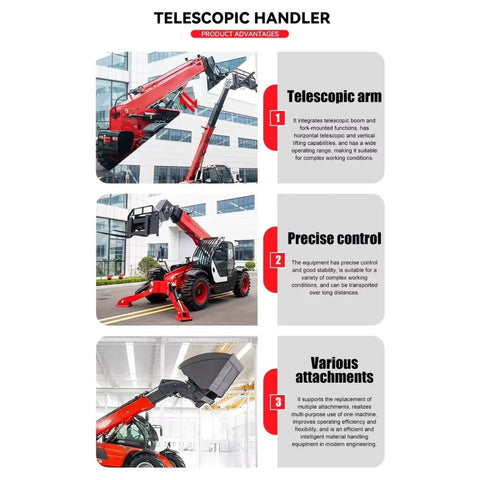 Heavy Duty Telescopic Forklift Handler With 7 To 18 Meter Intelligent Boom Extension and 4WD mobile telehandler showing telescopic arm and attachments.