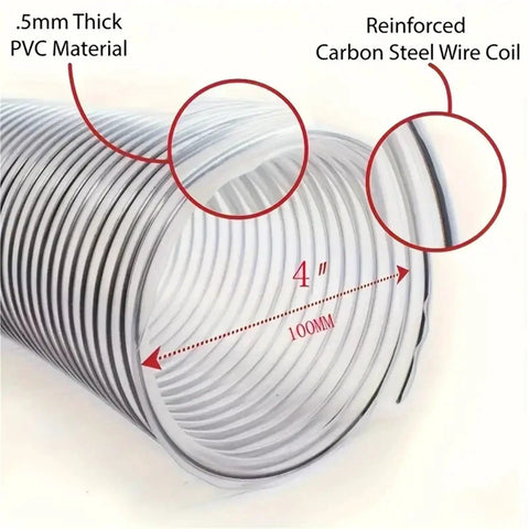 Clear 100mm PVC Bellows Hose For Dust Extraction In The Shop Flexible Corrugated Design Lets You Bend At Any Angle Without Collapsing Or Blocking Airflow See Through Material Reveals Dust Build Up And Keeps Your System Flowing, 4 in clear hose cross-section