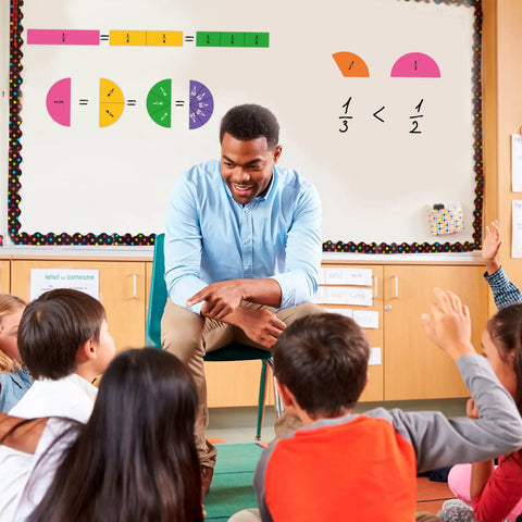 Teacher with students using 166 Piece Magnetic Fractions Kit For Hands On Math Learning With Fraction Strips Tiles Circles 