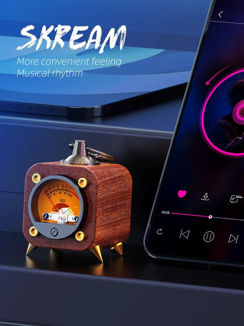 Wireless Retro Analog VU Meter Panel Display With Warm Backlight And Sound Level Indicator Dope Audio Level Amp Music Sync Pickup Rhythm Ambient Lights For Home Studio And DJ Setup, wood desk unit