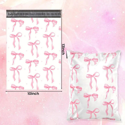 Pink Bow Poly Mailers 10x13 Inch 200 Count Heavy Duty Waterproof Self Adhesive Shipping Bags For Boutique Shops Small Biz And Gift Packaging Options Today showing design and dimensions.
