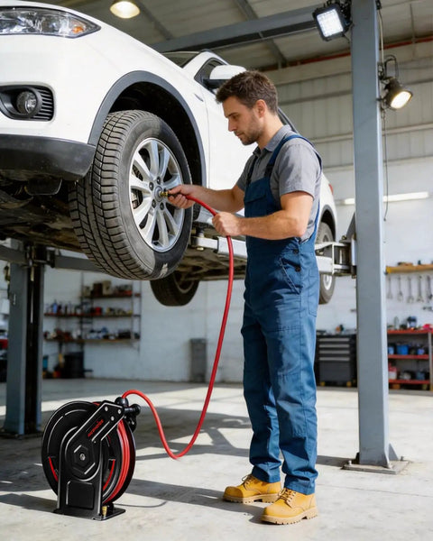 Hardcore Workhorse Retractable Air Hose Reel Runs 50 Ft Of Hybrid Polymer Tubing With Slick Auto Rewind Tech in use for tire inflation.