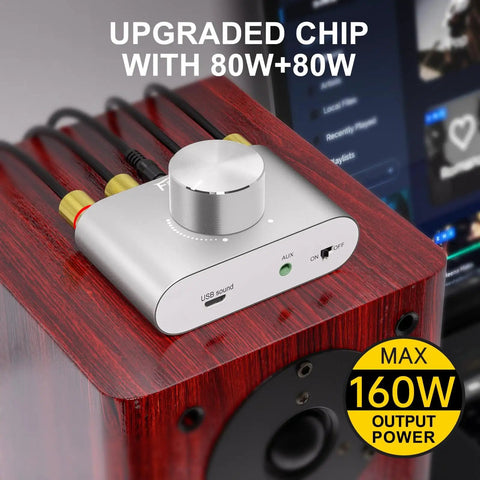 F900S 80W X 2 Bluetooth 5.0 Mini Amplifier on speaker, silver finish, with knobs and inputs visible