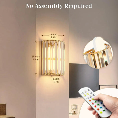 Set Of Two Gold Crystal Wireless Wall Sconces With Smooth Remote Control Rechargeable Cordless Lighting Featuring 12 RGB Colors And 3 CCT White Adjustable Dimming Options For Bedroom Living Room Total Glow Up No Sweat Install, displaying size dimensions.