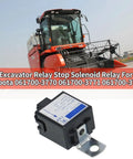 Close-up of 12V stop solenoid relay, black plastic housing with metal mounting tab for Kubota tractors
