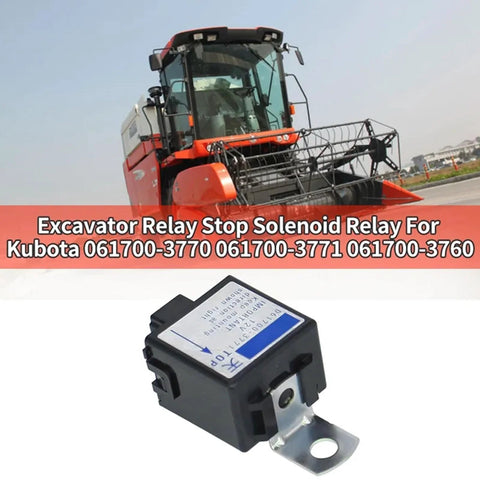 Close-up of 12V stop solenoid relay, black plastic housing with metal mounting tab for Kubota tractors