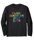 Love Conveyor Belt Sushi Tie Dye Vintage Streetwear Long Sleeve Tee For Sushi Lovers And Foodie Fashion Fans Who Dig Retro Style And Lighthearted Irony, black with colorful lettering.