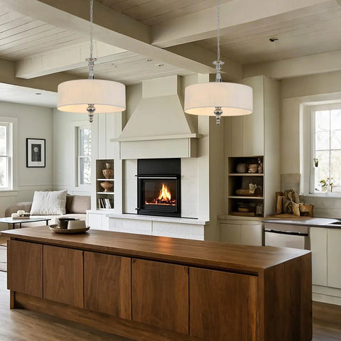 Hip Black Drum Chandeliers Four Light Semi Flush Mount Ceiling Light Fixture in modern farmhouse kitchen with fireplace