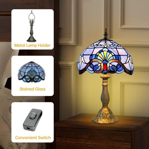Tiffany Style Blue Stained Glass Table Lamp Vintage Accent Light For Bedroom Living Room Or Home Office 12x12x19 Inches Includes 2 LED Bulbs.