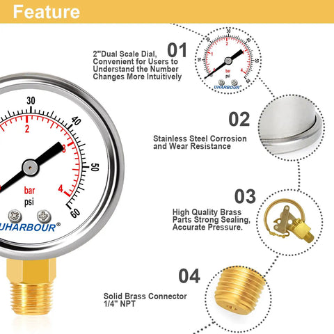 Lead Free Water Pressure Gauge 60 Psi 2 Inch Dial Stainless Steel Case Lower Mount 1/4 Inch NPT features diagram