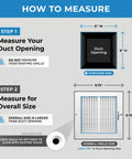 Diagram showing how to measure for Sweet 8 By 8 Inch Two Way Vertical Air Supply Grille Flat Face White with dimensions.