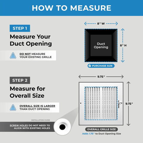 Diagram showing how to measure for Sweet 8 By 8 Inch Two Way Vertical Air Supply Grille Flat Face White with dimensions.