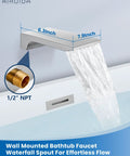 Wall Mount Tub Faucet With Waterfall Spout And Handheld Shower, Chrome Polish Finish, Water Flowing into Tub