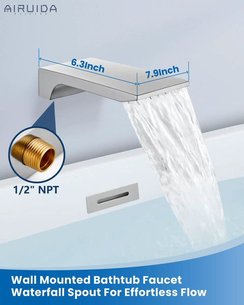 Wall Mount Tub Faucet With Waterfall Spout And Handheld Shower, Chrome Polish Finish, Water Flowing into Tub