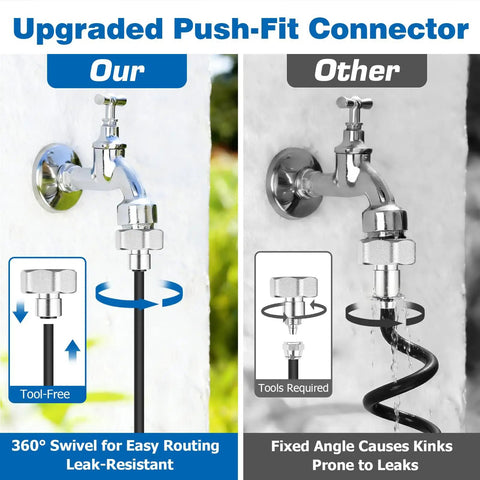 Comparison of upgraded push-fit connector showing leak-resistant swivel vs fixed angle on Beat The Heat Outdoor Misting System.