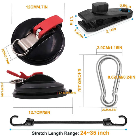 Heavy Duty Vacuum Suction Cup Anchor Kit, 2 Pack With Strong Suction Cups And Carabiners, Includes 4 Heavy Duty Tarp Clips And 2 Pcs Bungee Cords Dual Hooks