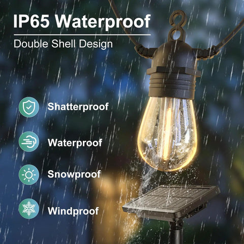 105ft Solar String Lights Outdoor Waterproof Patio Lighting With 30 Plus 2 Shatterproof S14 Bulbs 4 Modes 3 Timers IP65