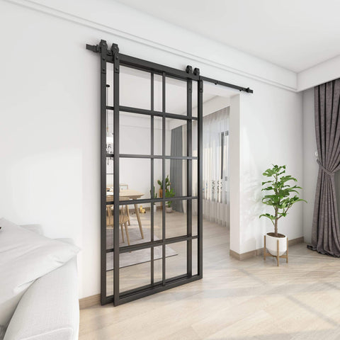 Installed Bypass Double Glass Barn Door Kit With 6+6 Ft Hardware, 72 Inch By 84 Inch Clear Tempered Glass Panels In An Aluminum Frame