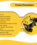 Electric Steel Rebar Cutter Heavy Duty Metal Bar Cutting Machine with side view showing design and dimensions on yellow background.