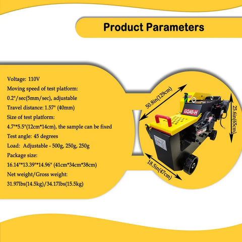 Electric Steel Rebar Cutter Heavy Duty Metal Bar Cutting Machine with side view showing design and dimensions on yellow background.