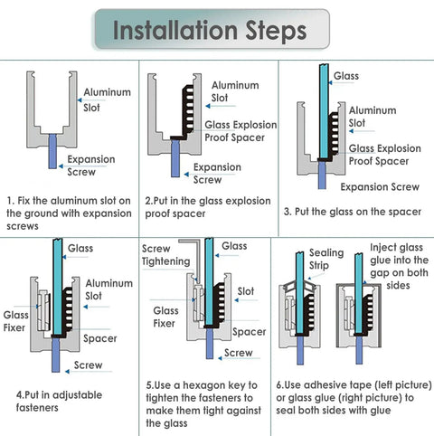 Installation steps for Tough As Nails Deck Railing Glass Spigot Clamp With Side Mount Bracket using aluminum slot and glass spacers.