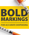 Insulin syringe with orange cap and clear barrel showing bold measurement markings on a yellow banner