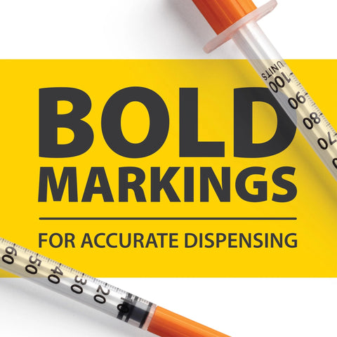 Insulin syringe with orange cap and clear barrel showing bold measurement markings on a yellow banner