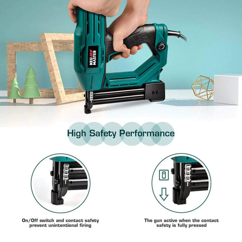 Straight Shooter Corded Electric Brad Nailer And Stapler Combo with safety features, ideal for upholstery and carpentry work.