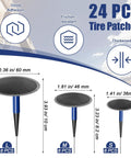 All In One Tire Patch Kit 24 Plus 3 Pieces For Puncture Repair With 36 46 60 Mm Patches, size chart for S, M, L patches