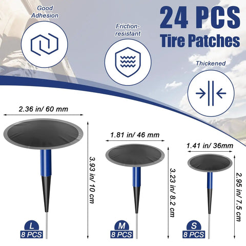 All In One Tire Patch Kit 24 Plus 3 Pieces For Puncture Repair With 36 46 60 Mm Patches, size chart for S, M, L patches