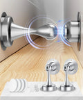 Close-up of two-pack magnetic door stop for bottom of doors with stainless steel construction, wall or floor mount, no drilling with 3D adhesive tapes or optional screws, silver finish, keeps doors from slamming and protects walls.