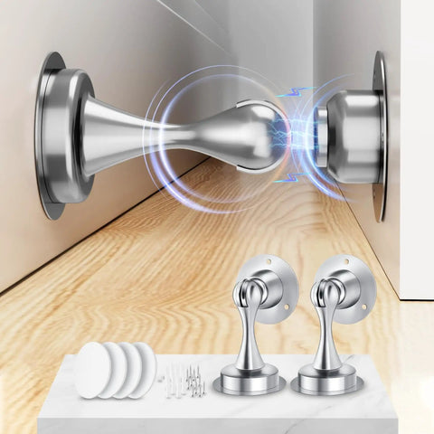Close-up of two-pack magnetic door stop for bottom of doors with stainless steel construction, wall or floor mount, no drilling with 3D adhesive tapes or optional screws, silver finish, keeps doors from slamming and protects walls.
