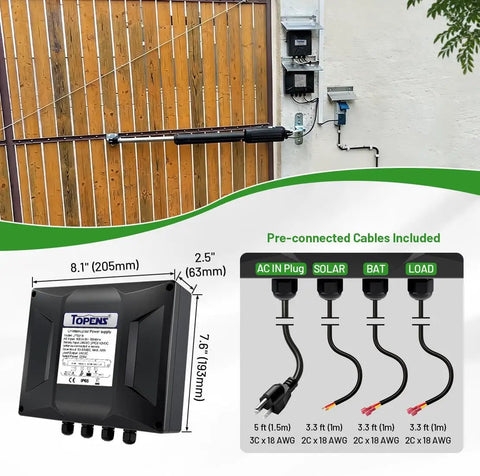 Plug And Play 24V Power Supply Transformer With Backup Battery Charger And Solar Controller IP65 Waterproof 100 240 VAC To 24V DC For Gate Openers CCTV Cameras Solar Systems And Low Voltage Automation, 8.1in black enclosure